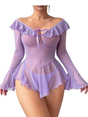 Sheer Lavender Ruffle Off-Shoulder Babydoll Lingerie